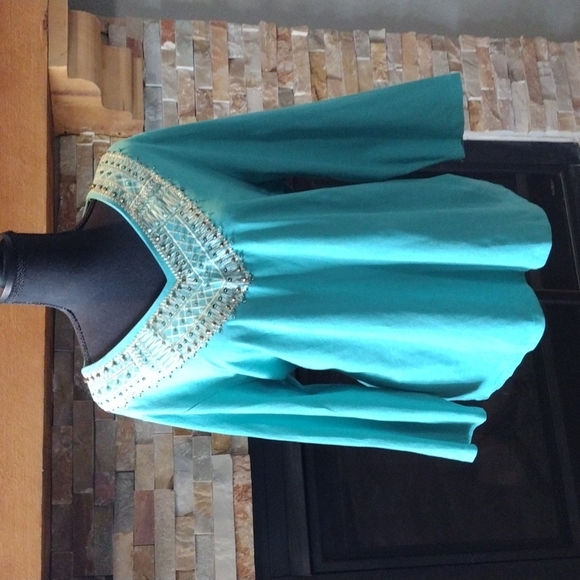 Samantha Grey Turquoise 3/4 Sleevr Embroidered- Beaded Top sz. L (14) - Picture 1 of 6